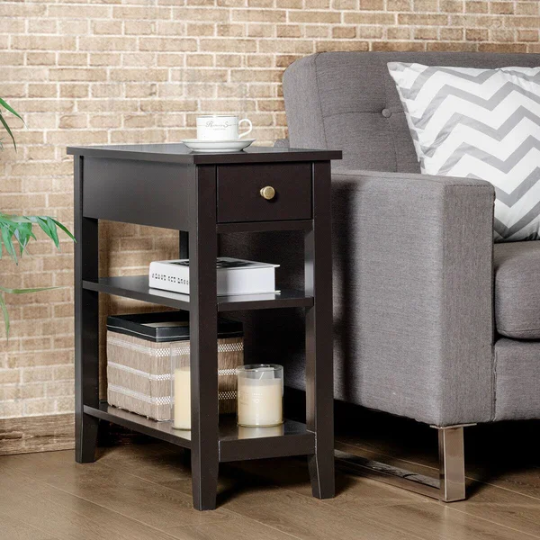 3-Tier Nightstand Bedside Table Sofa Side with Double Shelves Drawer-Coffee