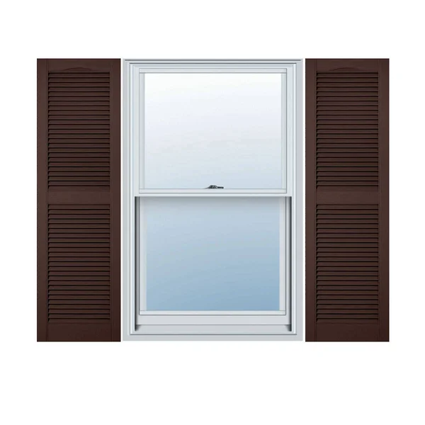 12 inchw x 46 inchh Lifetime Vinyl, Custom Straight Top Center Mullion, Open Louver Shutters, Federal Brown