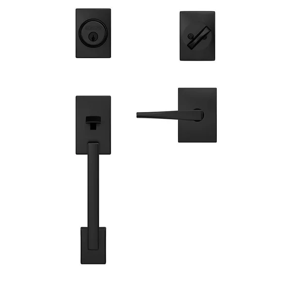 Schlage Custom Century Matte Black Single Cylinder Door Handleset with Eller Door Lever