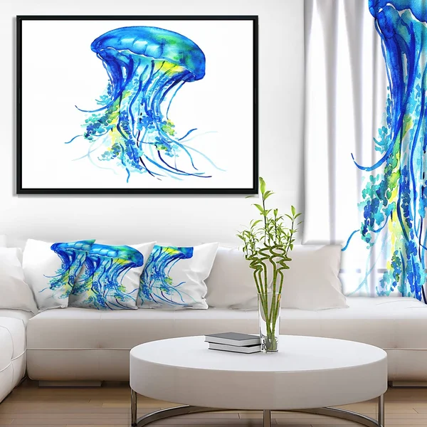 Designart 'Ocean Water Jellyfish' Animal Framed Canvas Art Print - 40 in. Wide x 30 in. High - Gold