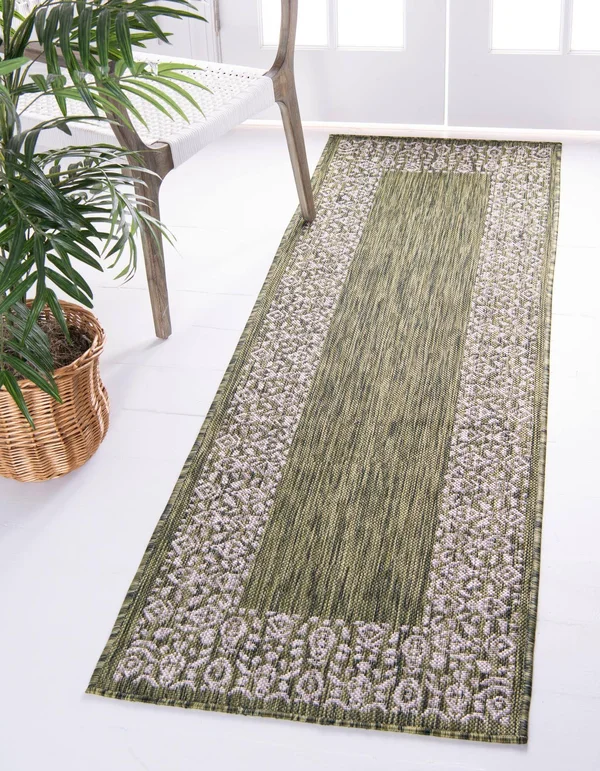 Unique Loom Outdoor Border Floral Area Rug 2& x 8& Runner Green/Gray
