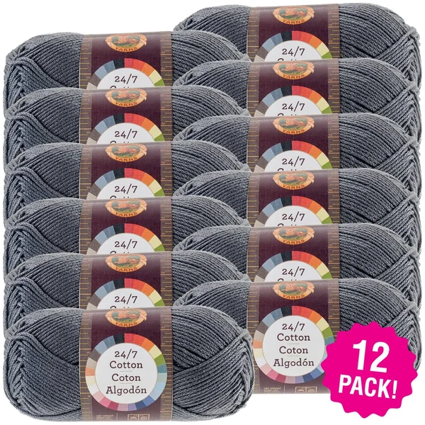 Lion Brand 24/7 Cotton Yarn - Charcoal, Multipack of 12