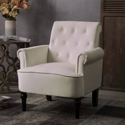 Elegant Button Tufted Club Chair Accent Armchairs Roll Arm Living Room Cushion with Wooden Legs Deep Burgundy Rosdorf Park Body