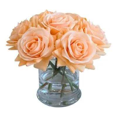 Real Touch Roses Floral Arrangements in Glass Vase Latitude Run Flower Color: Orange