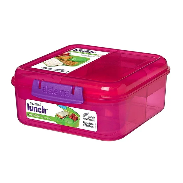 Sistema Lunch Collection Bento Cube - Solid Assorted Colors with Contrasting Klips, 7.28 x 6.61 x 3.03