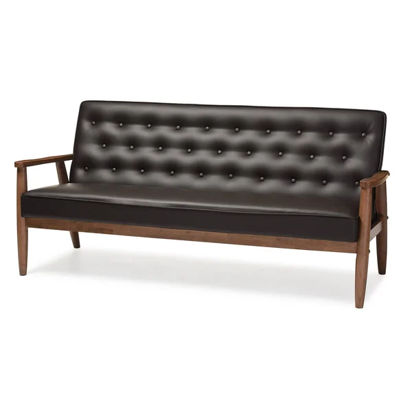 Baxton Studio Sorrento Mid Century Retro Modern Faux Leather Upholstered Wooden 3 Seater Sofa - Dark Brown