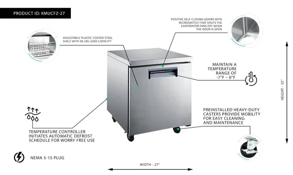 Undercounter Freezer 27x22 Double Door - 6 Cu ft Kitchen Monkey KMUCFZ-27