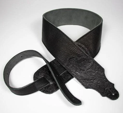 Franklin Strap 3x22 Black Leather Guitar Strap with Tooled Ends