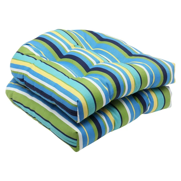 Pillow Perfect Outdoor Topanga Stripe Lagoon Wicker Seat CUSHION - Set of 2