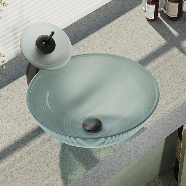 Rene R5-5034-WF-ABR Foil Undertone Glass Vessel Sink with Antique Bronze Waterfall Faucet, Sink Ring, and Vessel Pop-Up Drain