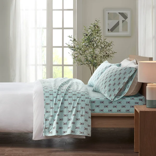 True North by Sleep Philosophy Cozy Flannel Sheet Set Aqua French Bulldog - Cal King