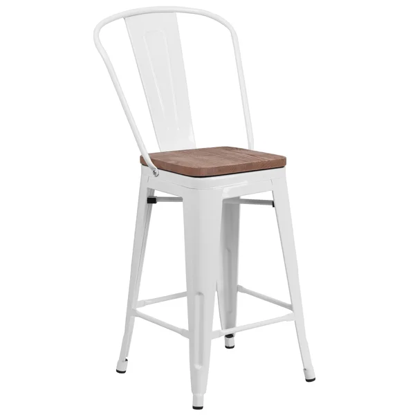 Flash Furniture 24x22 High Metal Counter Height Stool with Back and Wood SEAT, White