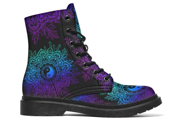 Yin Yang Mandala Boots - Vegan Black Boots, YesWeVibe Women's Boots, Black Sole, US 5, EU35.5