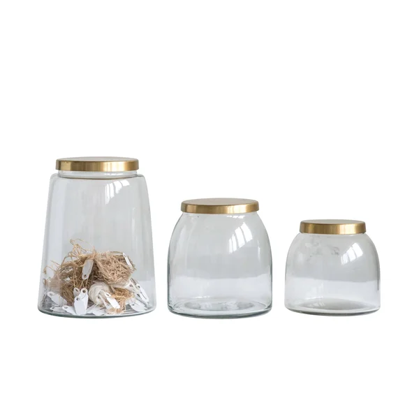 Creative Co-op Round Glass Jars with Brass Finish Lids Set of 3 Sizes
