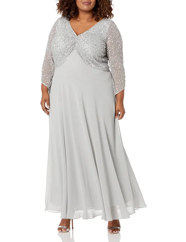 J Kara Women's 3/4 Sleeve V-Neck Beaded Top Long Gown