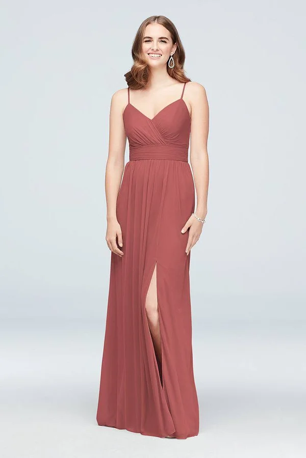 Spaghetti Strap Ruched Waist Mesh Bridesmaid Dress - Dusty Sage, 18