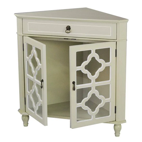 Light Sage Wood Clear Glass Corner Cabinet with A Drawer and 2 Doors