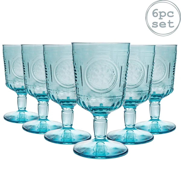 Bormioli Rocco Romantic Wine Glasses Set - Vintage Italian Cut Glass Goblets - 320ml - Blue - Pack of 6