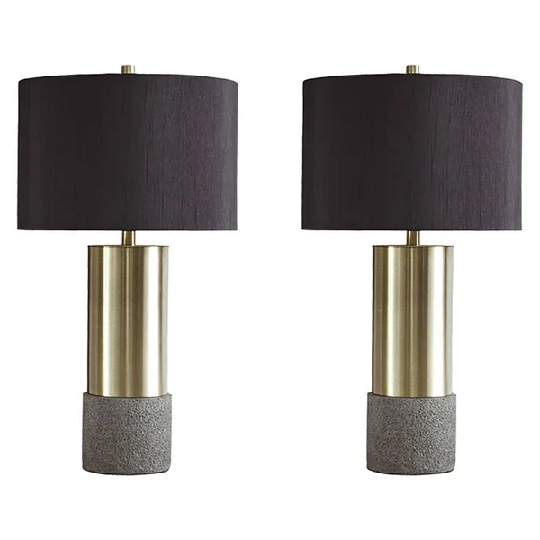 Benjara Bm230945 Faux Concrete and Metal Base Table Lamp, Set of 2, Brass and Gray