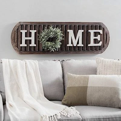 Home with Wreath Dark Shutter Wall Plaque : Wood