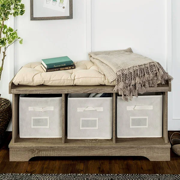 42x22 Wood Storage Bench with Totes and Cushion - Driftwood - Gray