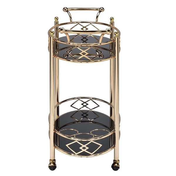 Benzara Metal Framed Serving Cart with Tempered Glass Top and Open Bottom Shelf - Gold and Black