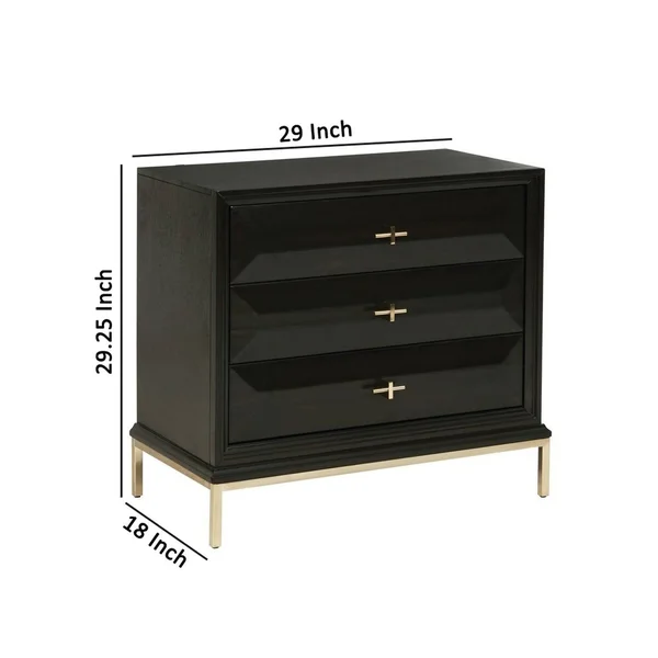 3 Drawer Nightstand with Cross Pulls and Sleek Metal Legs Brown