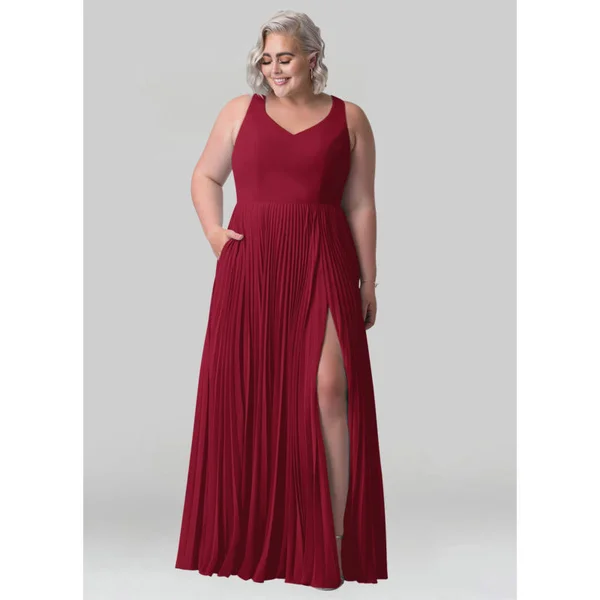 Azazie Plus Size A-Line/Princess V-Neck Floor-Length Chiffon Bridesmaid Dresses - Burgundy