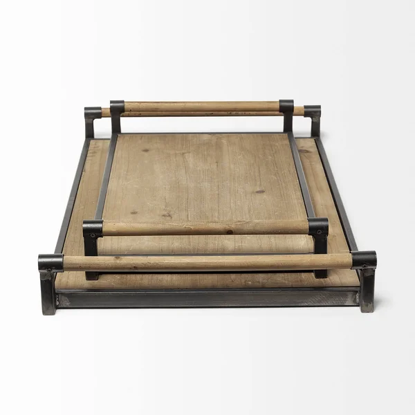 HomeRoots S/2 Light Brown Wood with Matte Black Metal Frame and Two Handles Trays (376039)
