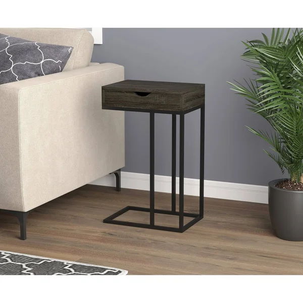 Safdie & Co. Accent Table C-Shaped Dark Grey Wood 1 Drawer Black Metal 81058Z74