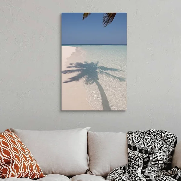 Shadow of A Palm Tree on A Deserted Island Beach - Canvas Wall Art, 24x36, Great Big Canvas