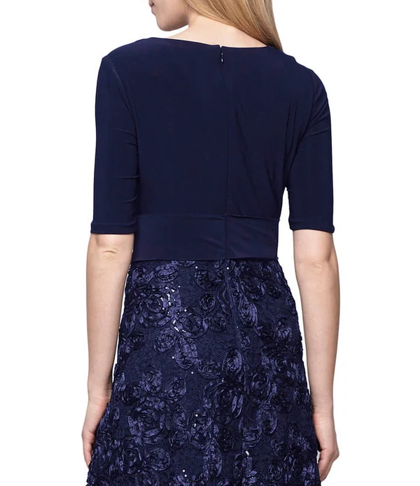 Alex Evenings Women's Rosette Tea-Length Dress, Blue 6