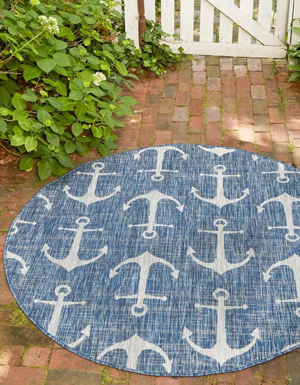 Outdoor Coastal 8 ft Round Blue Abstract Area Rug Indoor Outdoor Rug