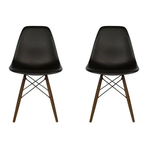 Contemporary Retro Molded Style Black Accent Plastic Dining Shell Chair with Dark Walnut Wood Eiffel Legs (Set of 2)