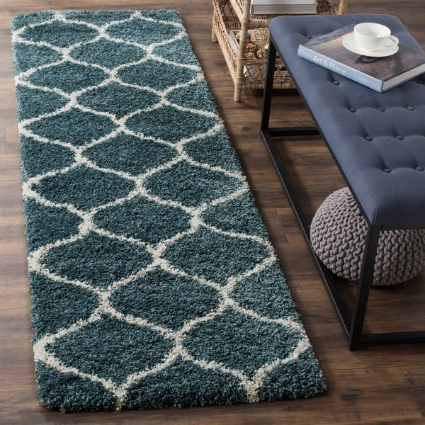 Safavieh Hudson Shag Antigoni Moroccan Ogee Trellis 2-Inch Thick Rug - 9& x 9& Round - Ivory/Slate Blue