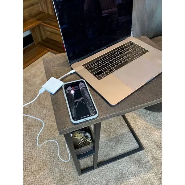 Solid Bamboo Steel Frame C-Table with Tray & Wireless USB Charger (Brushed Brown)