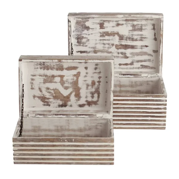 The Urban Port Block Stripe Pattern 2 Piece Rectangular Wooden Jewelry Box - Whitewash