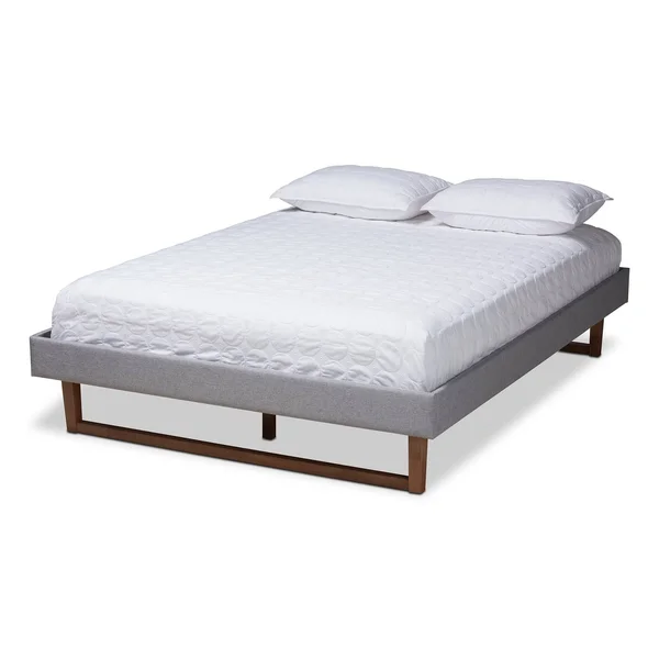 Baxton Studio Liliya Light Grey Fabric Walnut Wood Queen Platform Bed Frame