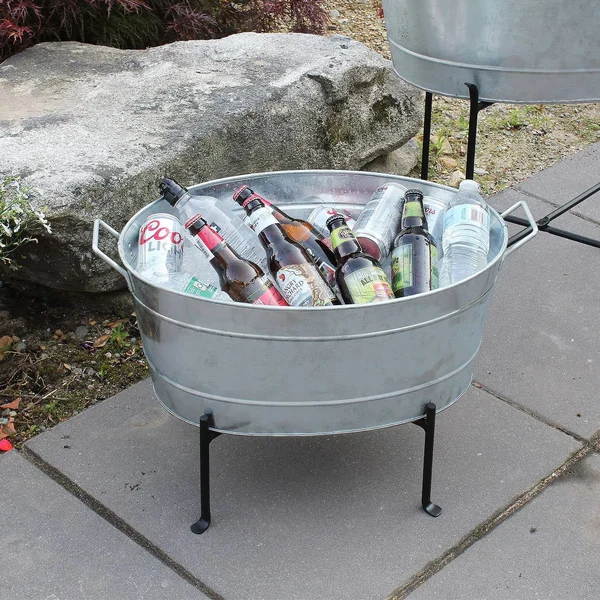 Achla Designs 24 in. W Steel Classic Oval Galvanized Tub with Folding Stand - Black