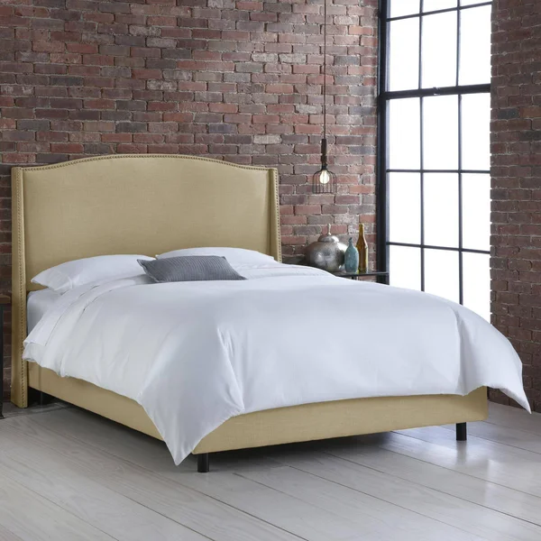 Skyline Furniture Nail Button Wingback Upholstered Bed - Full, Sandstone Linen, Brass