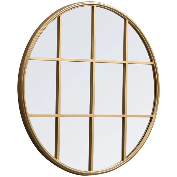 Allora 32x22 Round Mid Century Metal Windowpane Frame Clear Mirror in Brass - A-5145-1998551
