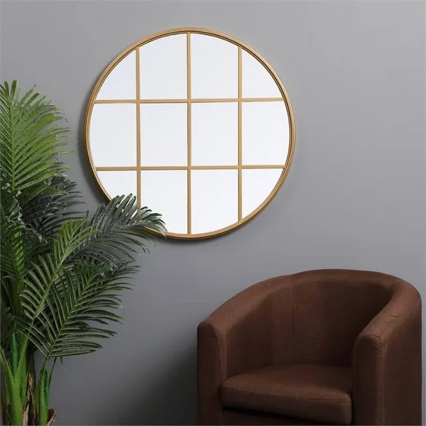 Allora 32x22 Round Mid Century Metal Windowpane Frame Clear Mirror in Brass - A-5145-1998551