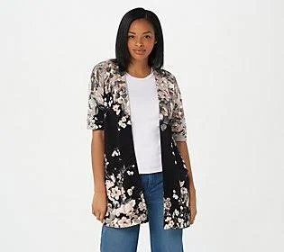 Isaac Mizrahi Live! Open Front Floral Printed Cardigan - Size Medium, Neutral