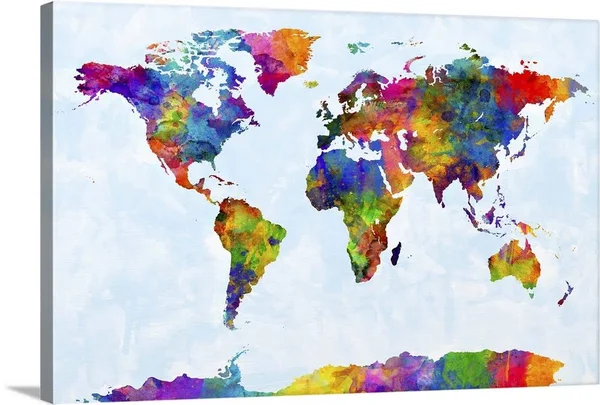 Watercolor Map of The World Map, Canvas Wall Art, 36x24, Great Big Canvas