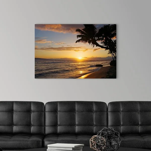 Hawaii, Maui, Kaanapali Resort, Sunset with Beach and Palm Trees, Canvas Wall Art, 36x24, Great Big Canvas