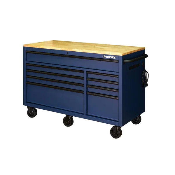 Husky 56 in. 9-Drawer Mobile Workbench in Matte Blue, Matte Blue Textured Finish