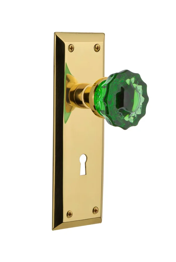 Nostalgic Warehouse - Mortise - New York Plate Crystal Emerald Glass Door Knob in Polished Brass - 726358