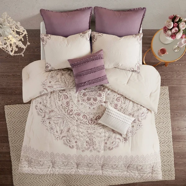 Madison Park - Elise 8 Piece Cotton Printed Reversible Comforter Set - Purple - Queen