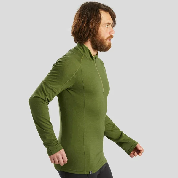 Forclaz Men's Trek 500 - Zip Long Sleeved Merino Hiking T-Shirt in Black, Size Medium