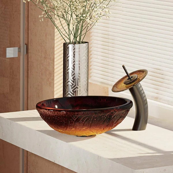 Rene R5-5018-WF-ABR Red Lava Glass Bathroom Sink with Antique Bronze Waterfall Faucet - Sink Ring, and Vessel Pop-Up Drain